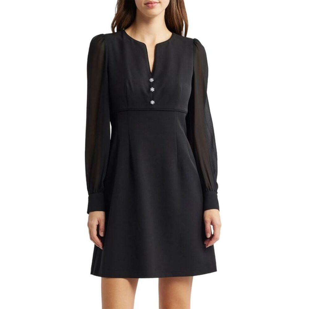 Anne Klein Womens Long-Sleeve Button Shift Dress 14 Anne Black - NWT $149